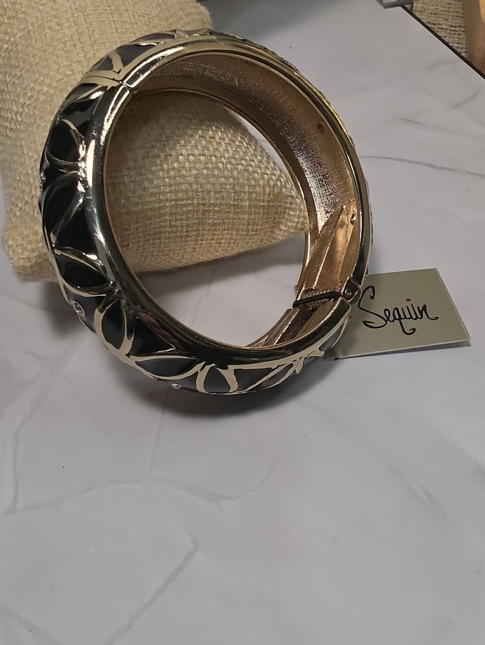 Gold-Tone Bangle with Black Enamel And Rhinestones